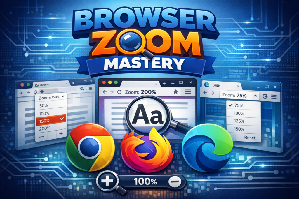 Illustration of browser zoom controls showing zoom percentages and settings in Google Chrome, Mozilla Firefox, and Microsoft Edge, with a magnifying glass highlighting text size adjustments.