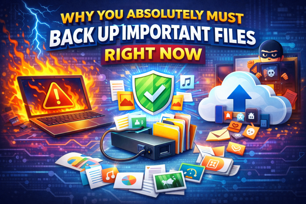 Illustration showing the importance of backing up files, featuring a damaged laptop, cloud storage upload, external hard drive, and security shield protecting important data.