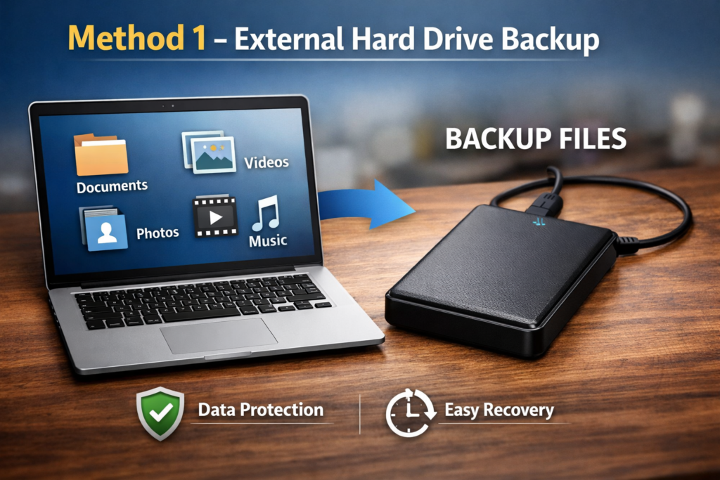 Laptop se external hard drive connect karke documents, photos, videos aur music files ka backup liya ja raha hai, saath me “Method 1 – External Hard Drive Backup” aur “Backup Files” text dikh raha hai.