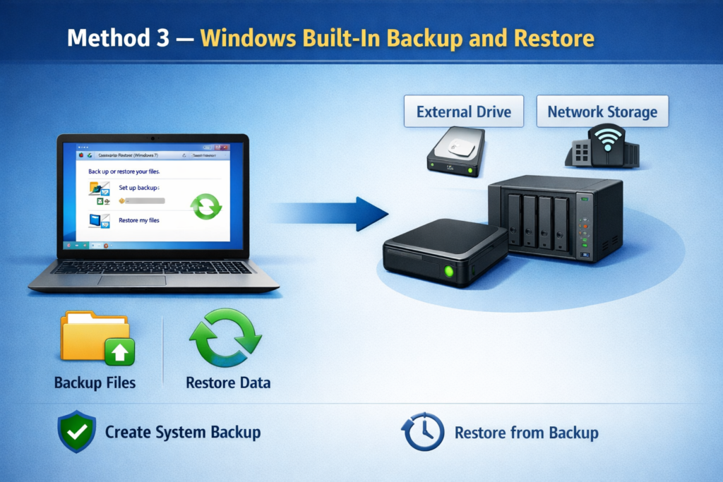Illustration showing “Method 3 — Windows Built-In Backup and Restore” with a laptop displaying backup options, arrows pointing to external storage devices, and icons representing backup and restore processes.