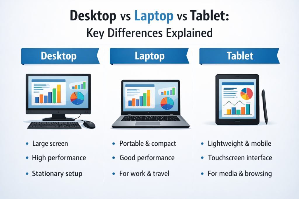 Infographic titled “Desktop vs Laptop vs Tablet: Key Differences Explained” showing three columns with illustrations of each device. The desktop column highlights large screen, high performance, and stationary setup. The laptop column shows portability, compact design, and balanced performance. The tablet column emphasizes lightweight design, touchscreen interface, and suitability for media and browsing.