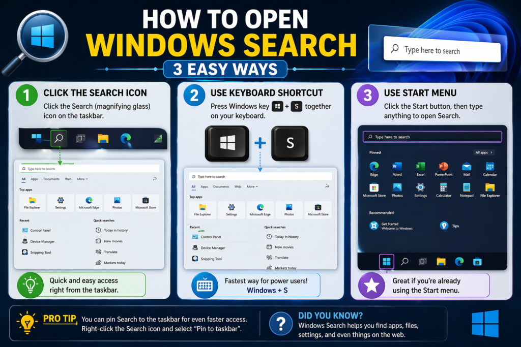 Ek step-by-step infographic jo Windows Search open karne ke 3 easy tareeke dikhata hai—(1) taskbar par search icon par click karna, (2) keyboard shortcut Windows + S use karna, aur (3) Start menu open karke search karna. Har method ke saath UI screenshots aur icons clearly dikhaye gaye hain.