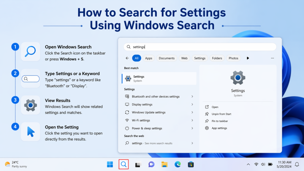 tutorial infographic showing how to search for Settings using Windows Search in Windows 11. The image features a blue background with a large heading at the top. On the left side, four numbered steps explain opening Windows Search, typing settings keywords, viewing results, and opening the desired setting. On the right side, a realistic Windows Search panel displays “settings” typed in the search bar with multiple settings options listed. Windows 11 taskbar appears at the bottom.
