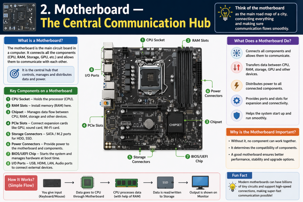 “Educational infographic showing a motherboard as the central communication hub, connecting components like CPU, RAM, storage, GPU, and power supply through circuits and slots.”
