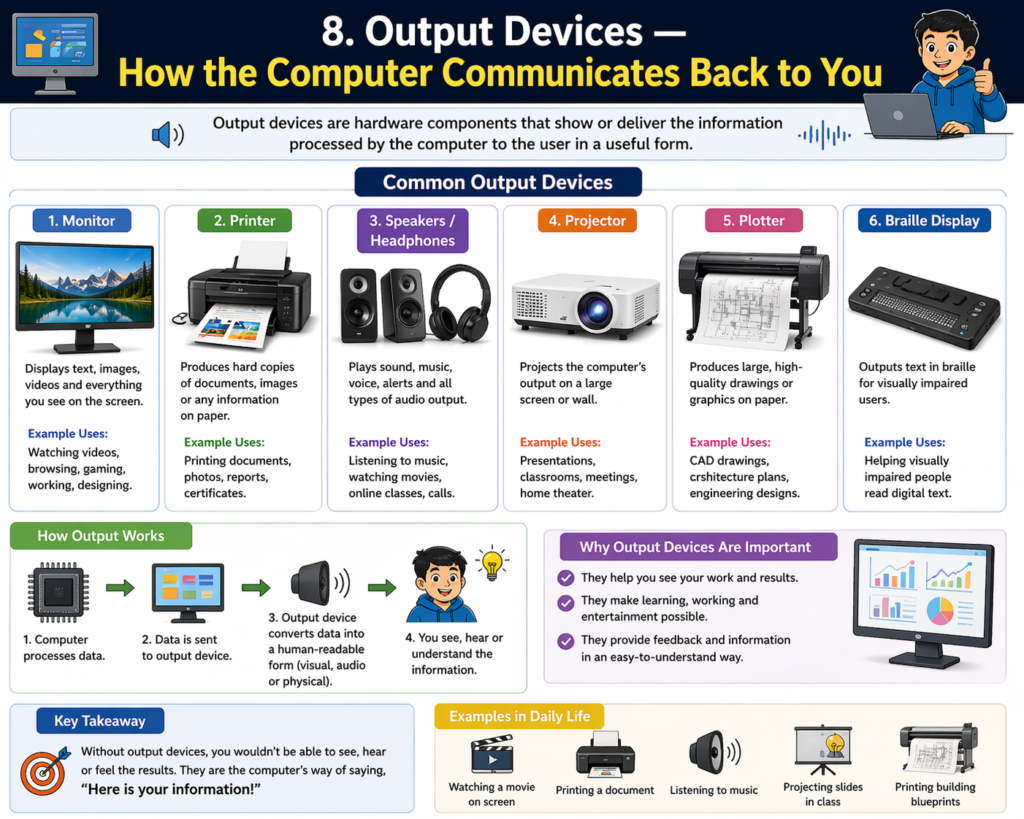 “Educational infographic showing output devices like monitor, printer, speakers, and headphones, explaining how a computer communicates results to the user.”