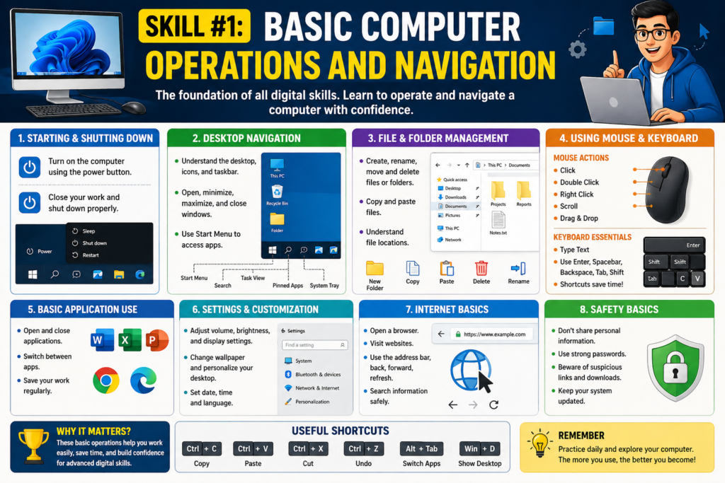 Ek colorful aur structured infographic jiska title “Skill #1: Basic Computer Operations and Navigation” hai. Isme 8 sections diye gaye hain—starting & shutting down, desktop navigation, file & folder management, mouse & keyboard use, basic applications, settings & customization, internet basics, aur safety basics. Har section mein icons aur short points ke saath basic computer skills explain kiye gaye hain, neeche useful shortcuts aur reminder bhi diya gaya hai.