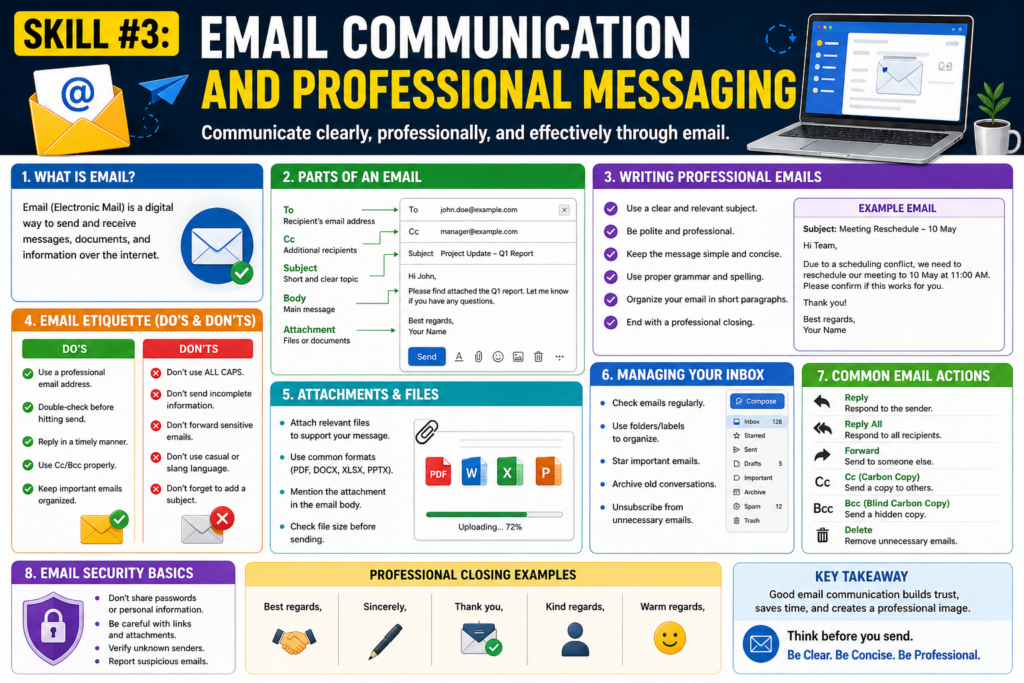 Ek detailed aur colorful infographic jiska title “Skill #3: Email Communication and Professional Messaging” hai. Isme multiple sections hain jaise email kya hota hai, email ke parts (To, Cc, Subject, Body, Attachment), professional email likhne ke tips, do’s & don’ts, attachments use karna, inbox manage karna, common email actions (reply, forward), aur email security basics. Saath hi example email aur professional closing examples bhi dikhaye gaye hain.