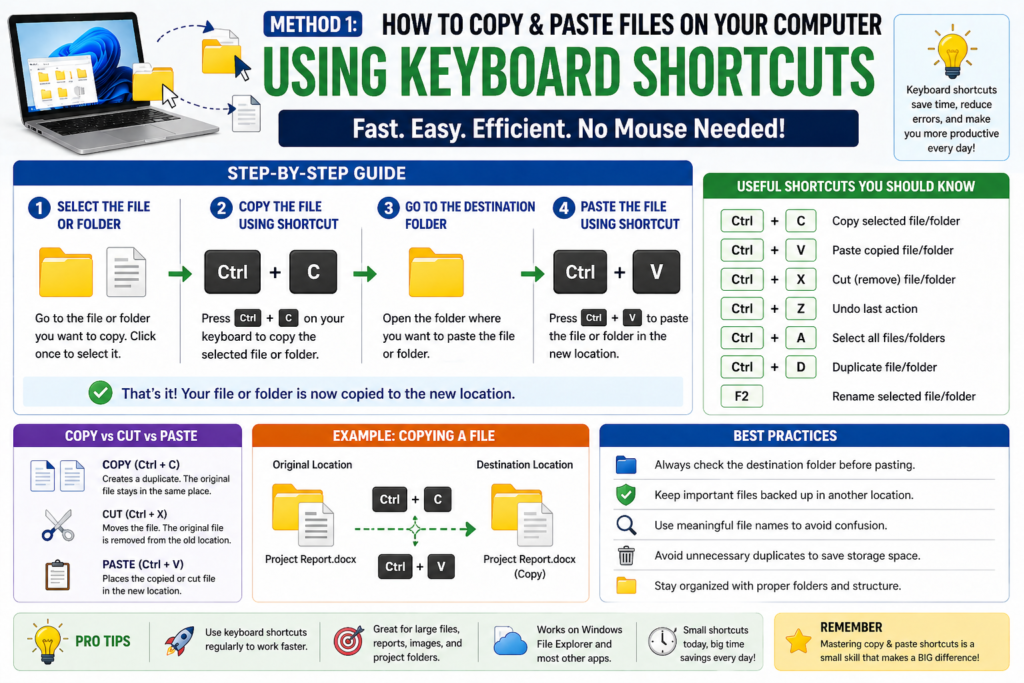 Ek step-by-step infographic jiska title “Method 1: How to Copy & Paste Files on Your Computer Using Keyboard Shortcuts” hai. Isme 4 main steps dikhaye gaye hain—file select karna, Ctrl + C se copy karna, destination folder open karna, aur Ctrl + V se paste karna. Saath hi side mein useful keyboard shortcuts (Ctrl+C, Ctrl+V, Ctrl+X, Ctrl+Z, Ctrl+A, F2) aur neeche best practices aur tips diye gaye hain.