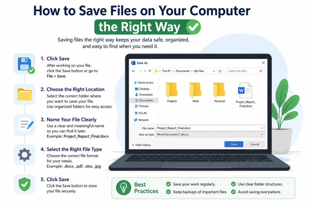 “Step-by-step guide showing how to save files on a computer using Save As option with organized folders and file naming tips”