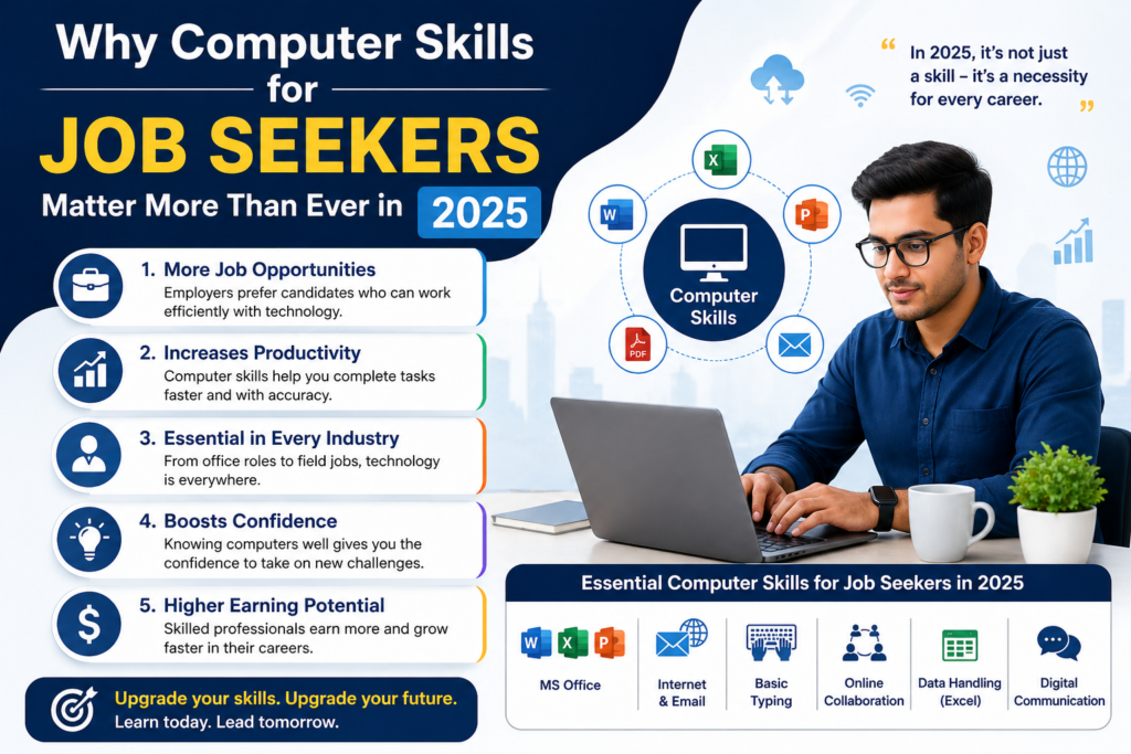 “Infographic showing why computer skills are essential for job seekers in 2025, including productivity, job opportunities, and digital tools like MS Office and email.”