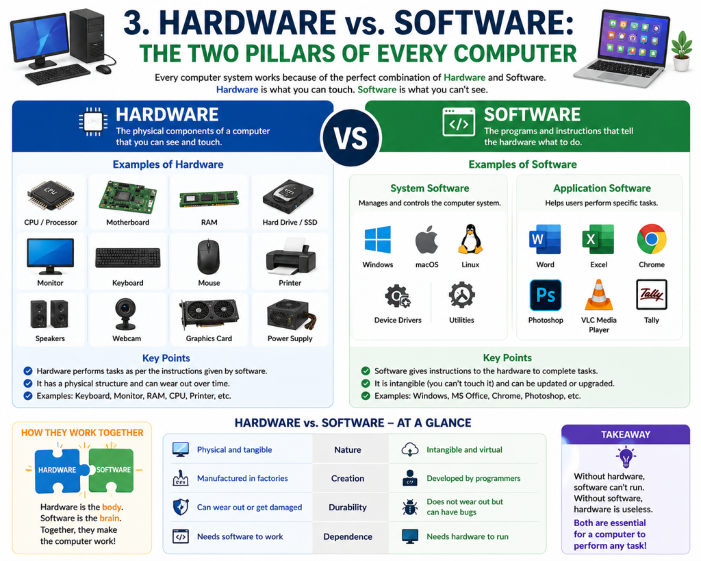 “Infographic comparing hardware and software in a computer, showing examples like CPU, keyboard, and operating systems with key differences.”
