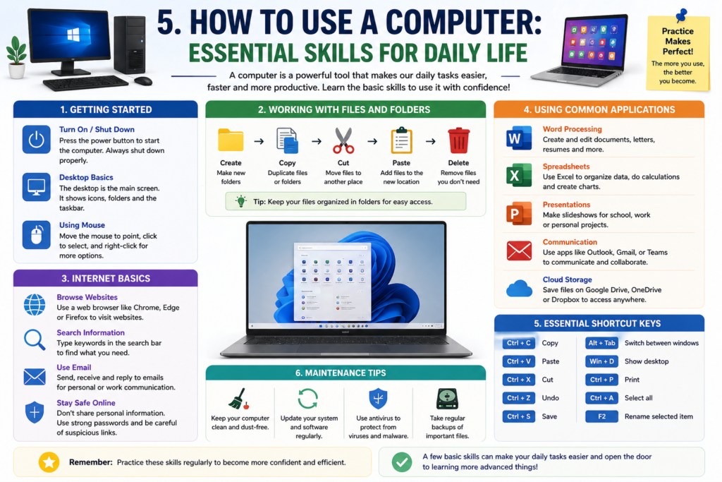 “Infographic showing how to use a computer with essential daily skills like file management, internet use, applications, and keyboard shortcuts.”