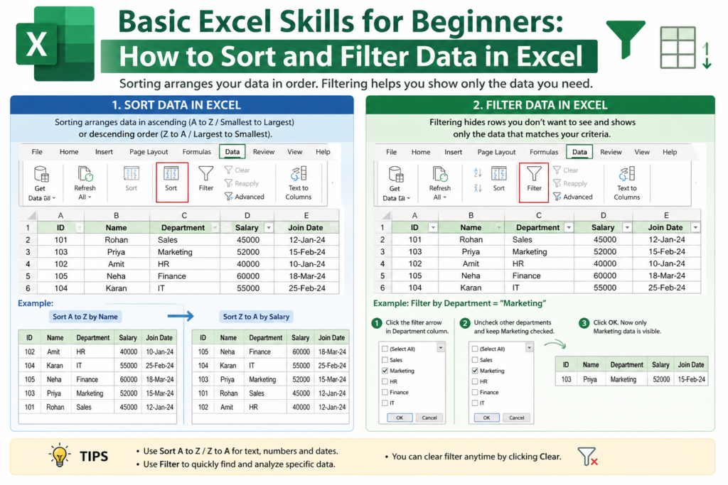 Beginner-friendly Excel infographic showing how to sort and filter data, with step-by-step visuals of the Data tab, Sort and Filter buttons, sample tables, and examples of arranging and filtering rows.
