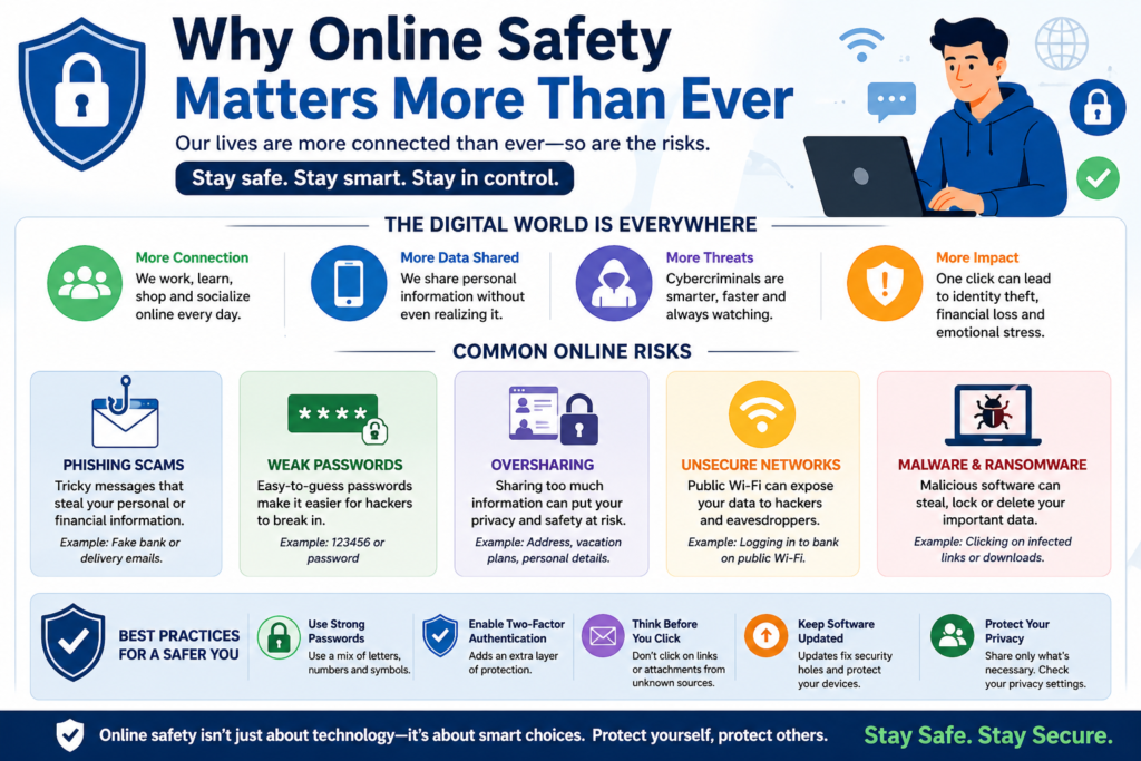 Infographic titled “Why Online Safety Matters More Than Ever” showing common online risks like phishing, weak passwords, oversharing, insecure networks, and malware, along with safety tips such as strong passwords and two-factor authentication.