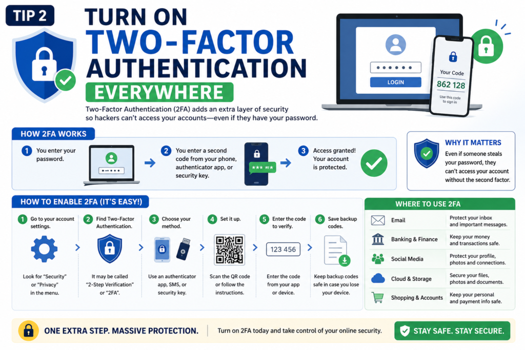 Infographic titled “Tip 2 – Turn On Two-Factor Authentication Everywhere” showing how 2FA works, steps to enable it, and where to use it, with visuals of login screens, security codes, and devices.