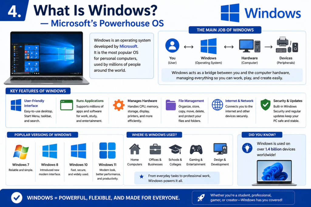 Infographic titled “What Is Windows? — Microsoft’s Powerhouse OS” explaining Windows as an operating system, its features, popular versions, and where it is used, with visuals of computers and interface icons.