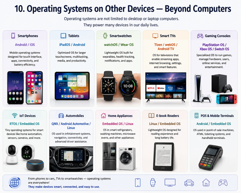 An educational infographic titled “Operating Systems on Other Devices — Beyond Computers” showing how operating systems run on various devices like smartphones, tablets, smartwatches, smart TVs, gaming consoles, IoT devices, cars, home appliances, e-book readers, and POS machines, with icons and brief explanations for each.