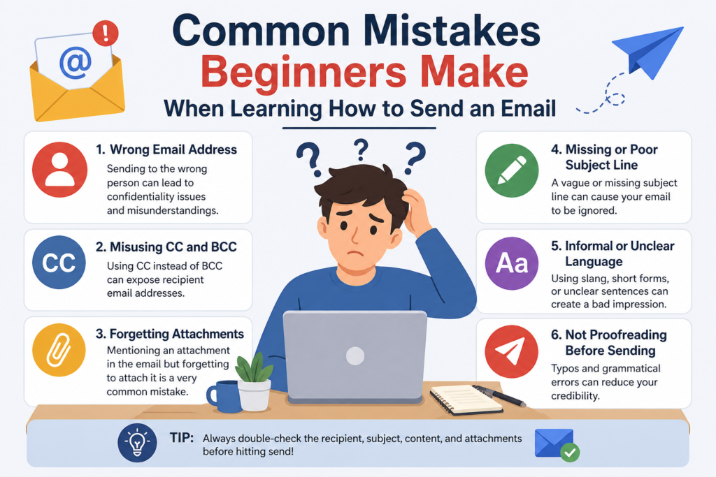 A beginner looking confused while composing an email on a laptop, with visible mistakes like missing subject line, improper greeting, spelling errors, and incorrect email format highlighted on the screen.