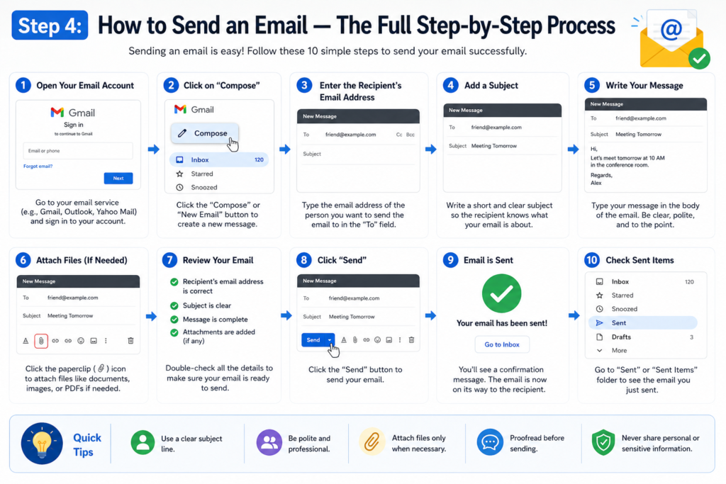 An infographic titled “Step 4: How to Send an Email — The Full Step-by-Step Process” showing a 10-step visual guide, including opening an email account, composing a message, entering the recipient’s address, adding a subject, writing the message, attaching files, reviewing, sending, confirmation, and checking the sent folder.