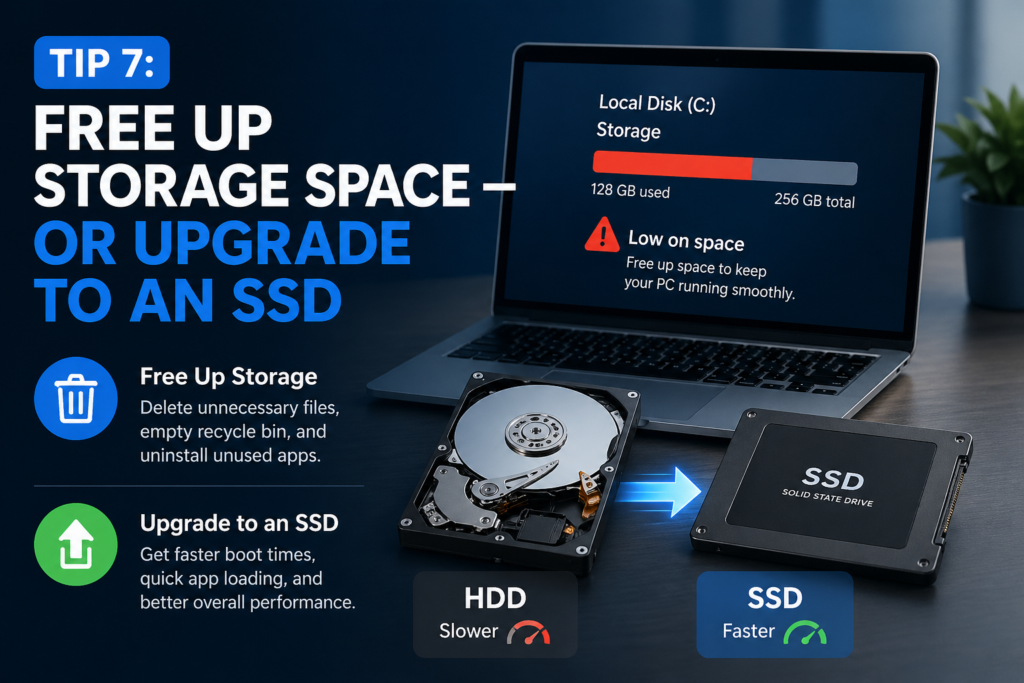 A clean and modern computer maintenance scene showing a desktop monitor with a low storage warning, folders and junk files being deleted, and a shiny SSD drive placed beside the computer as an upgrade option. The workspace looks organized and tech-focused, visually representing freeing up storage space and improving speed with an SSD.