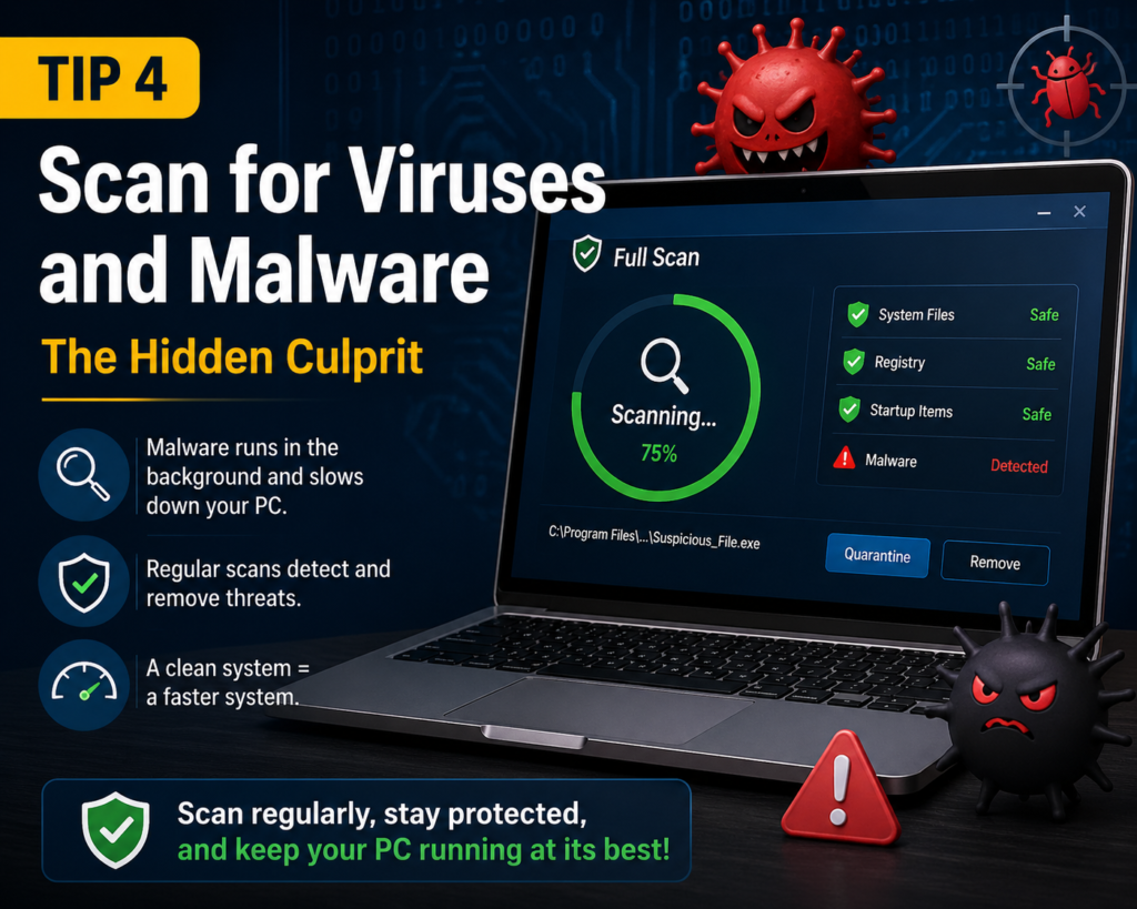 A cybersecurity-themed digital illustration showing a laptop running a full virus and malware scan while dangerous red and black virus characters surround the device. The screen displays scanning progress, malware detection alerts, and security icons, emphasizing hidden threats inside a computer system.