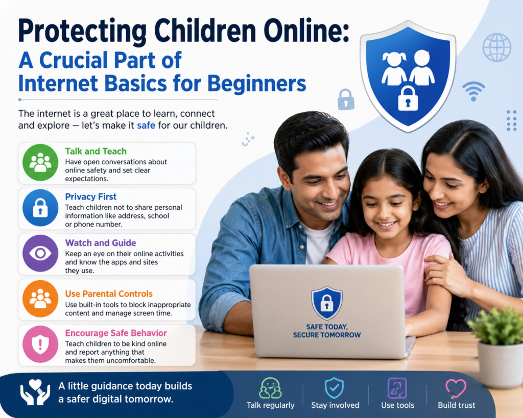 Ek concerned parent aur ek young child laptop screen ke saamne baithe hain, jahan safe internet browsing ke symbols jaise shield icon, parental control lock, warning alerts, aur educational website windows dikh rahe hain. Background mein digital network aur cybersecurity icons hain jo online protection ko represent karte hain.