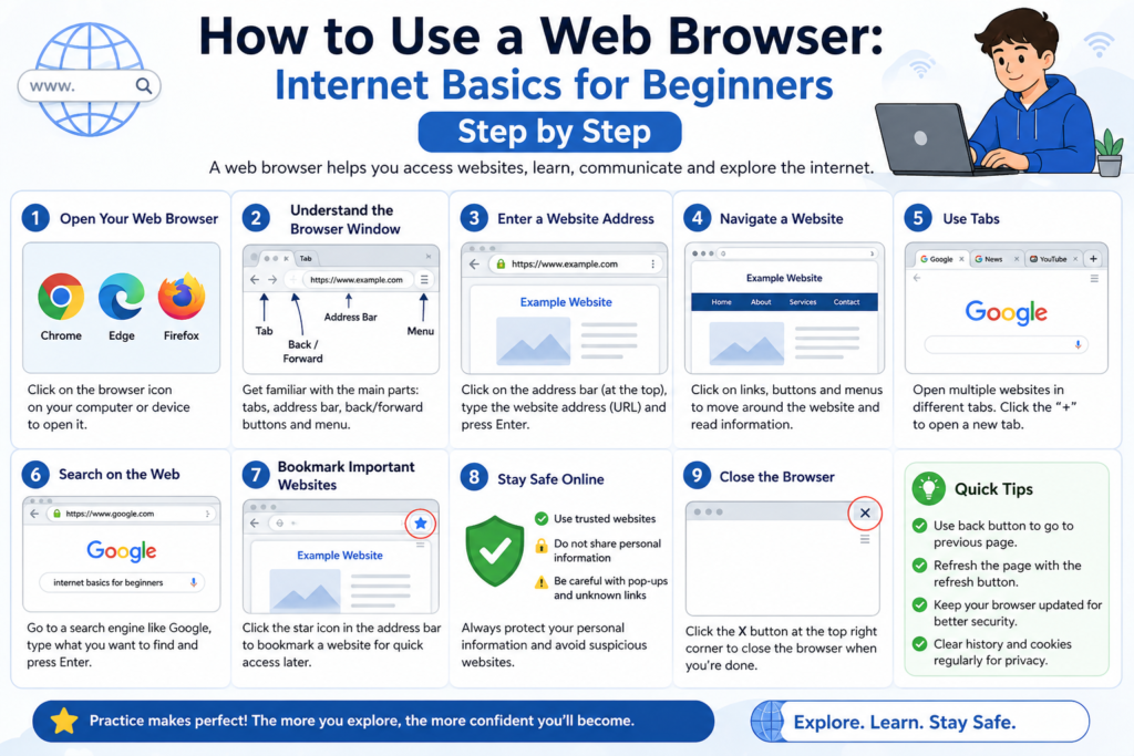Ek beginner computer user desktop ya laptop par web browser open karke internet use karna seekh raha hai. Screen par browser window, address bar, search icon, tabs, back-forward buttons, bookmarks, aur simple step-by-step navigation arrows dikh rahe hain. Saath hi visual icons jaise globe, mouse pointer, website thumbnails aur search results browsing process ko explain kar rahe hain.