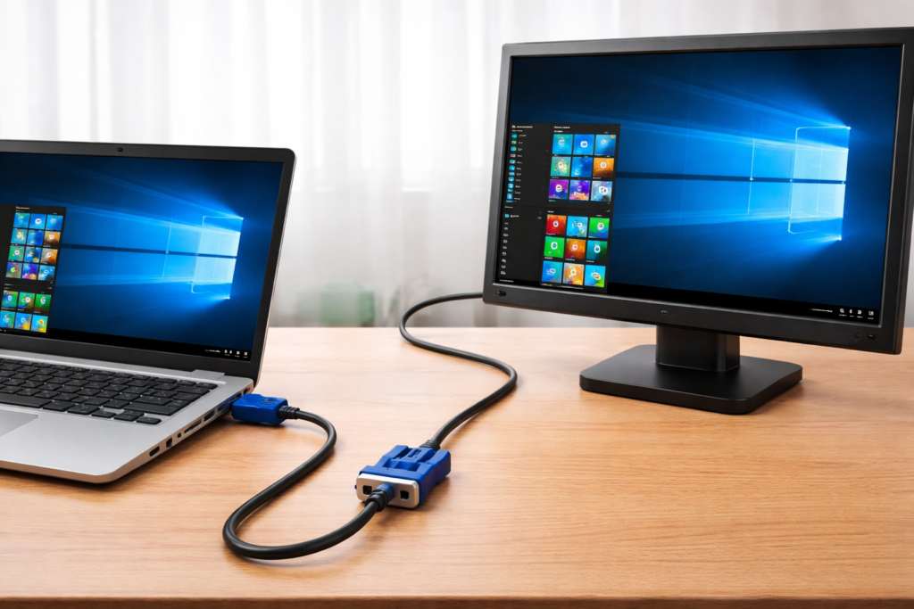 Older laptop connected to an external monitor using a VGA cable on a desk, showing mirrored display on both screens.