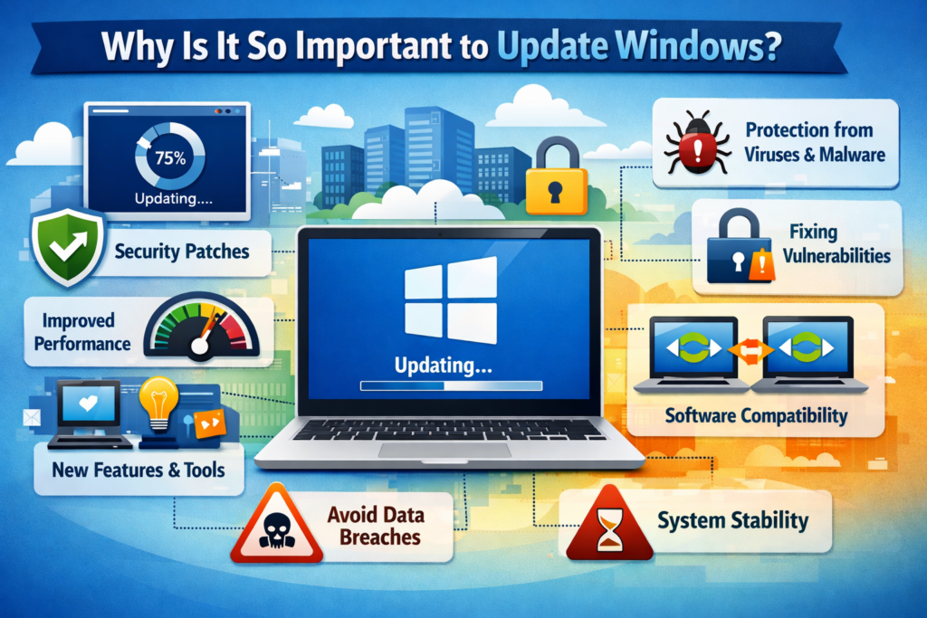 Illustration showing a laptop updating Windows with a progress bar, security shield icons, and symbols representing improved performance, virus protection, and system stability.