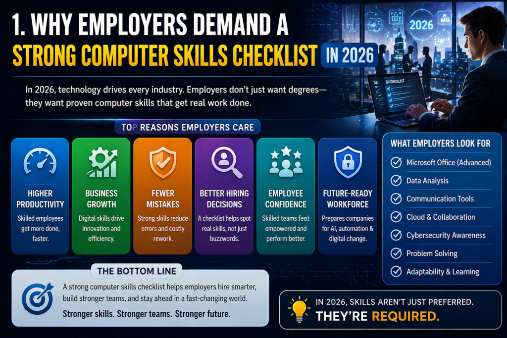 Ek infographic jisme computer skills ki importance ko highlight kiya gaya hai, jahan colorful icons aur checklist style elements ke saath employers ke required skills jaise Microsoft Office, security, aur productivity tools dikhaye gaye hain, lekin image ka kuch hissa distorted aur unclear hai.