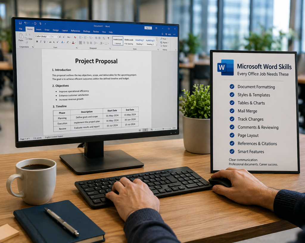 Ek realistic office workspace dikhaya gaya hai jahan computer screen par Microsoft Word document open hai, saath hi desk par keyboard, coffee mug aur plant rakhe hain, lekin image ka kaafi hissa distorted aur unclear lag raha hai.