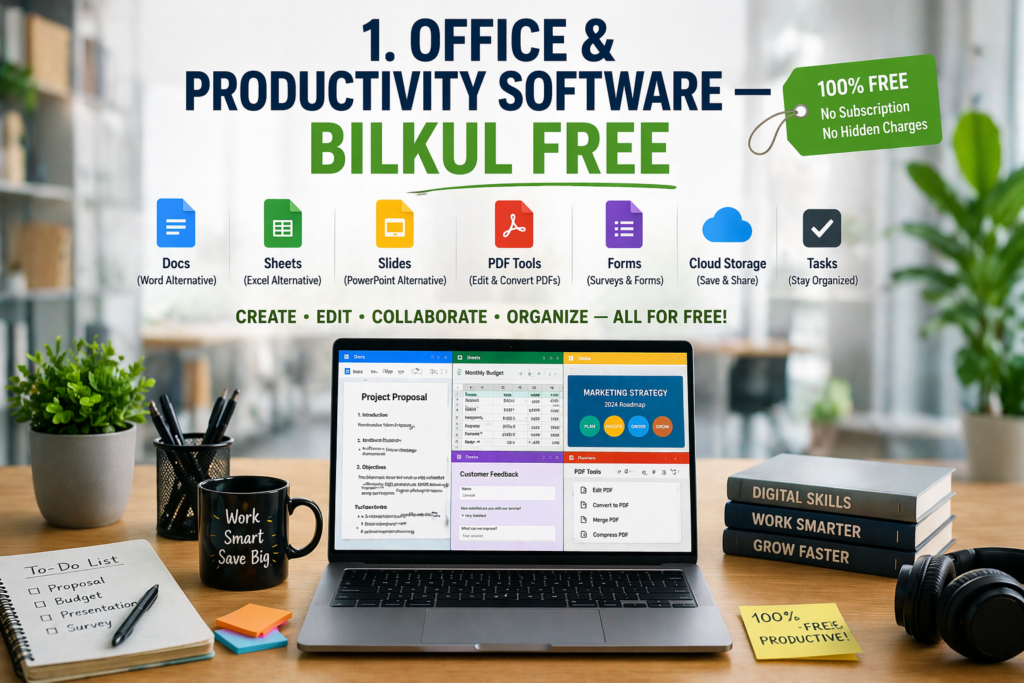 Ek modern digital-themed infographic jisme laptop aur software icons dikhaye gaye hain, jo free office aur productivity tools ko represent karte hain, saath hi organized workspace aur clean design nazar aata hai.