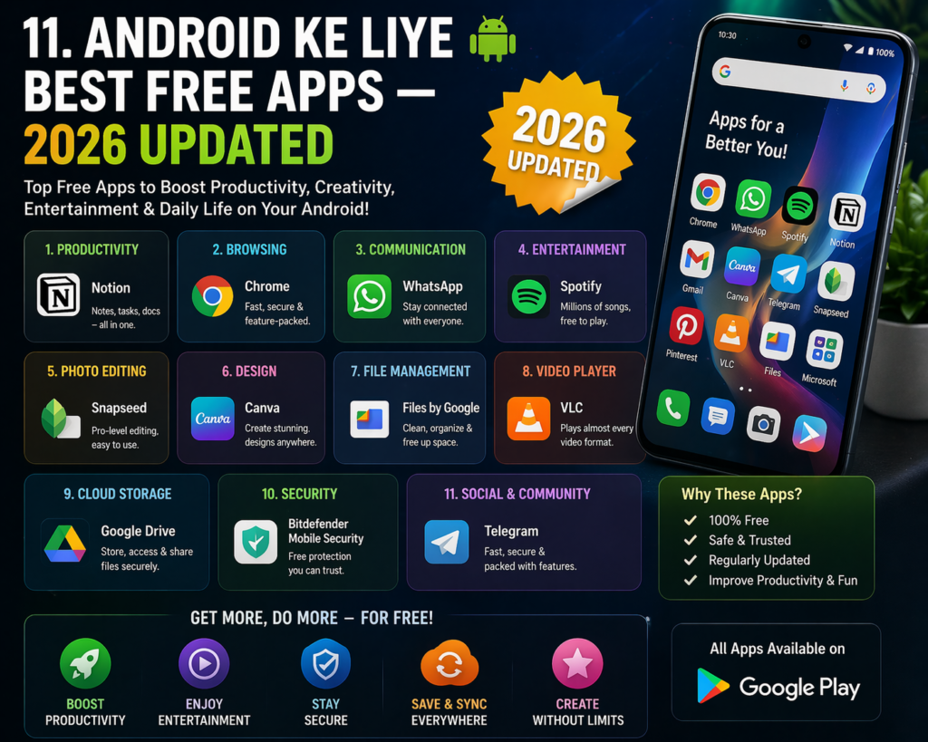 Ek modern smartphone-focused infographic jisme Android phone screen par multiple app icons dikh rahe hain, aur colorful sections ke through best free apps categories jaise productivity, entertainment, aur utilities highlight ki gayi hain.