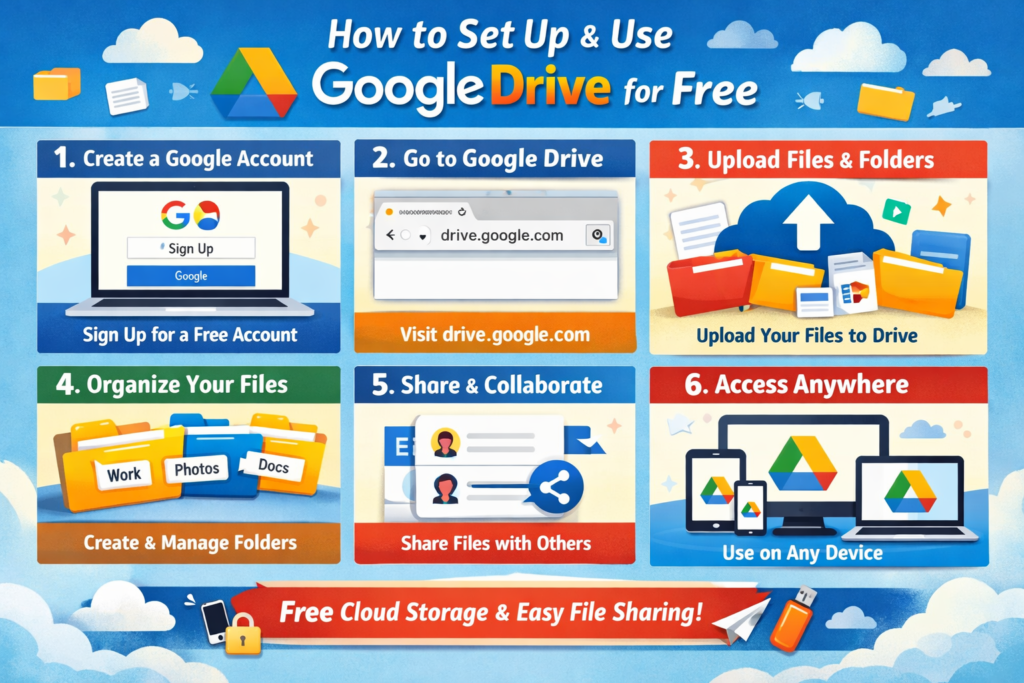 Infographic showing step-by-step guide to set up and use Google Drive for free, including account creation, file upload, organization, sharing, and access on multiple devices.