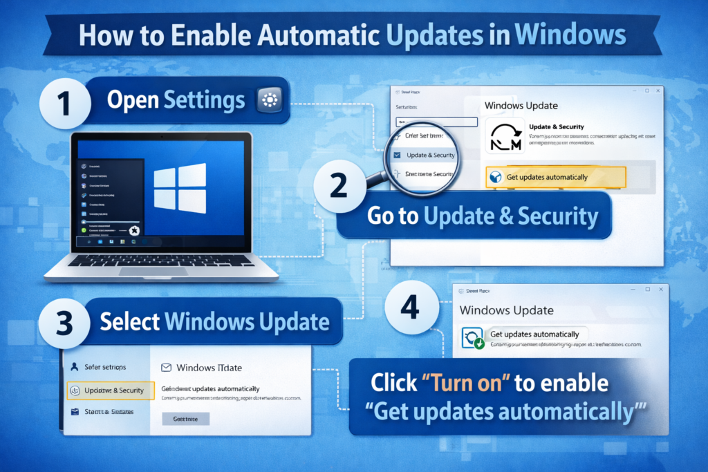 Step-by-step illustration showing how to enable automatic updates in Windows, including opening Settings, navigating to Update & Security, selecting Windows Update, and turning on automatic updates.