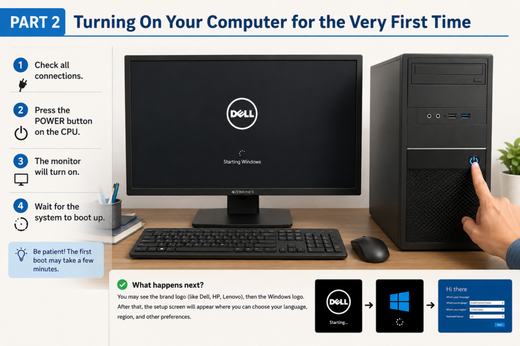 A beginner sitting at a desk and pressing the power button on a desktop computer for the first time, while the monitor lights up with a welcome screen in a clean and modern workspace.