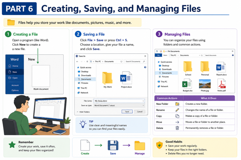 An educational infographic showing how to create, save, and manage computer files using folders, documents, and file explorer tools on a desktop computer.