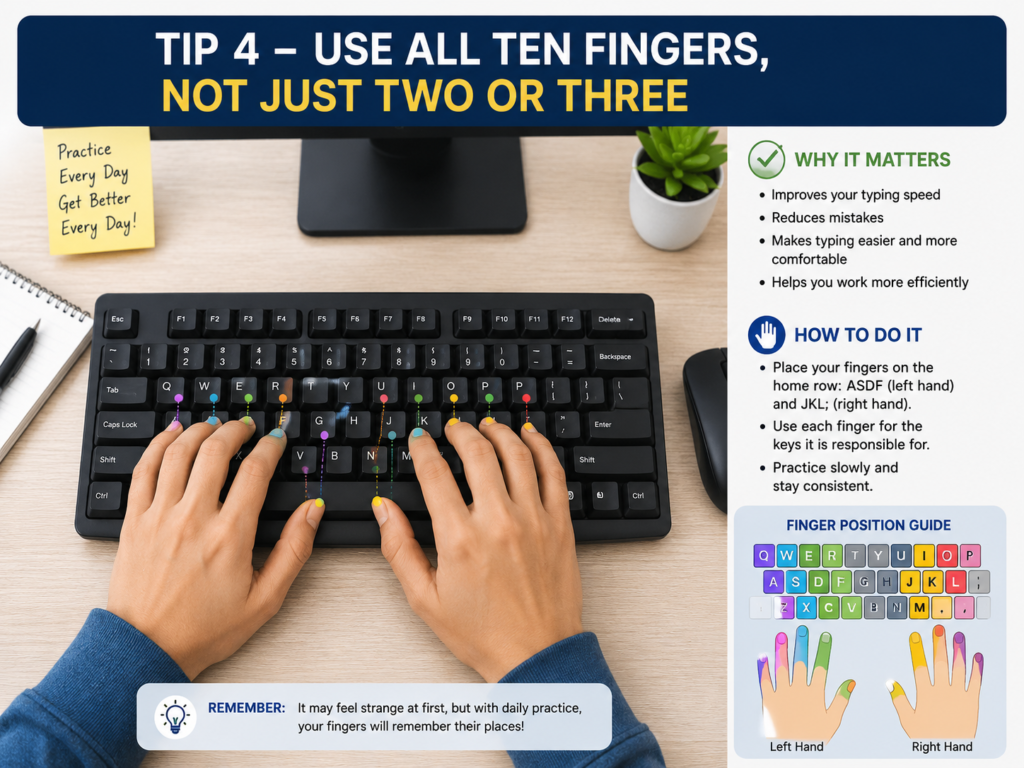 An educational typing guide showing two hands placed correctly on a computer keyboard while using all ten fingers for typing. The image includes finger placement indicators, typing tips, and beginner-friendly instructions for improving typing speed and accuracy.