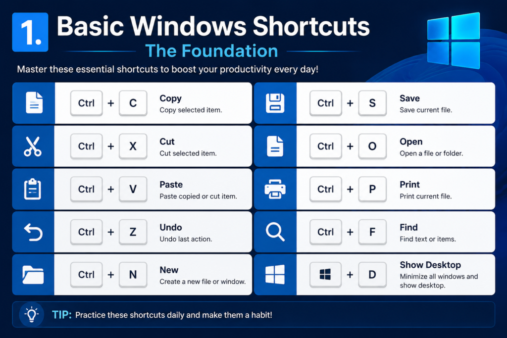 Basic Windows shortcuts infographic showing common keyboard shortcuts like Ctrl+C, Ctrl+V, Ctrl+X, Ctrl+Z, Alt+Tab, and Win+D on a modern Windows desktop. The design highlights essential productivity shortcuts for beginners to improve computer efficiency and workflow.