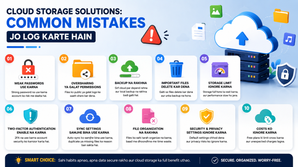 Cloud Storage Solutions ki common mistakes dikhata hua infographic, jisme weak passwords, oversharing, backup na rakhna, important files delete kar dena, storage limit ignore karna, two-factor authentication disable rakhna, sync settings ko bina samjhe use karna, file organization na rakhna, security settings ignore karna aur cloud costs ko nazarandaaz karna jaise errors visual icons ke saath explain kiye gaye hain.